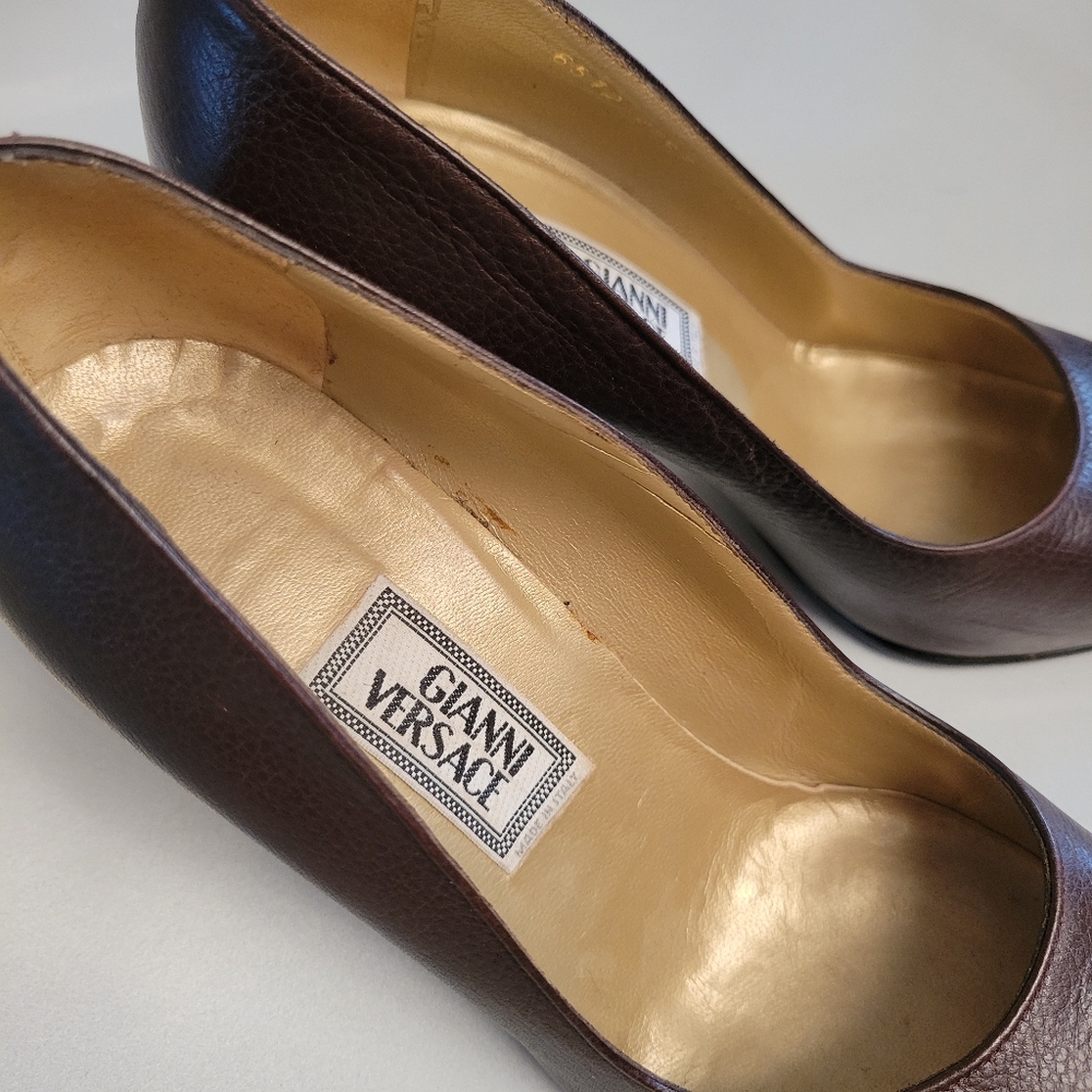 Vintage Gianni Versace Block Brown Leather Medusa Head Heels EU 35.5 35 5.5 - Picture 4 of 16